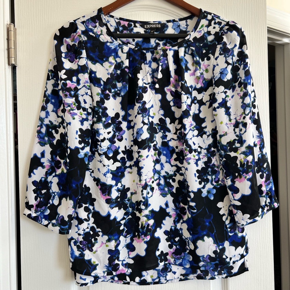 Express Floral Blouse - Blue, Black, and White